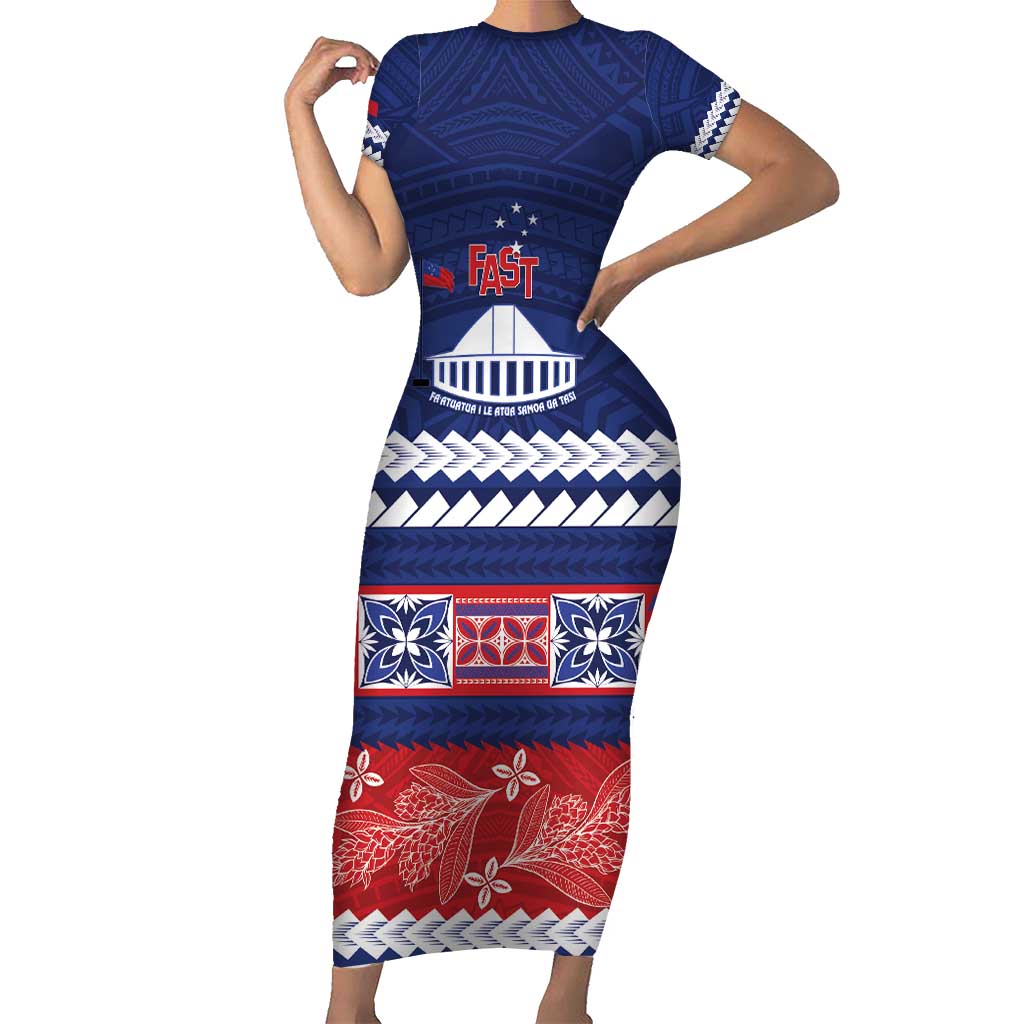 Personalised FAST Samoa Siapo Short Sleeve Bodycon Dress Teuila Flowers Samoan Pattern LT14 Long Dress Blue - Polynesian Pride