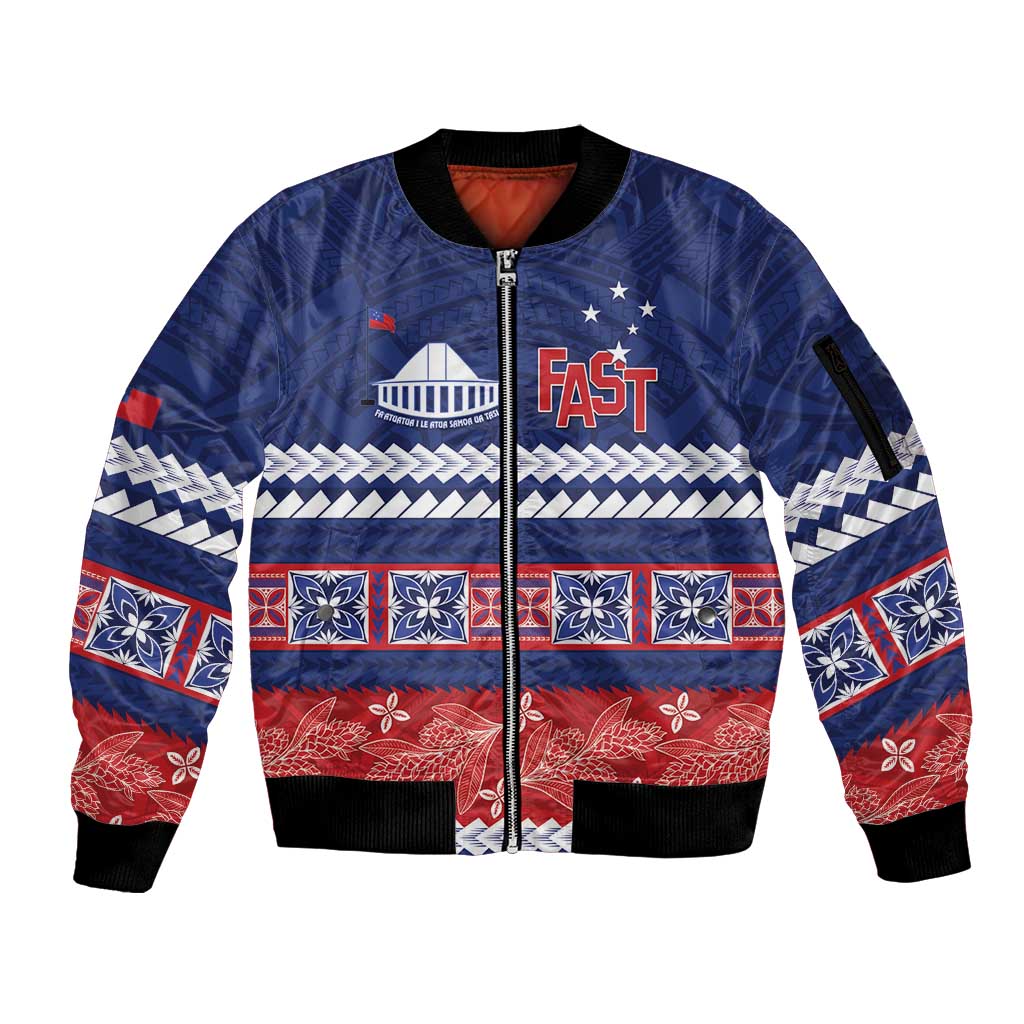 Personalised FAST Samoa Siapo Sleeve Zip Bomber Jacket Teuila Flowers Samoan Pattern LT14 Unisex Blue - Polynesian Pride