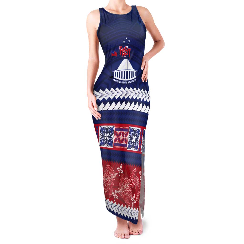Personalised FAST Samoa Siapo Tank Maxi Dress Teuila Flowers Samoan Pattern LT14 Women Blue - Polynesian Pride