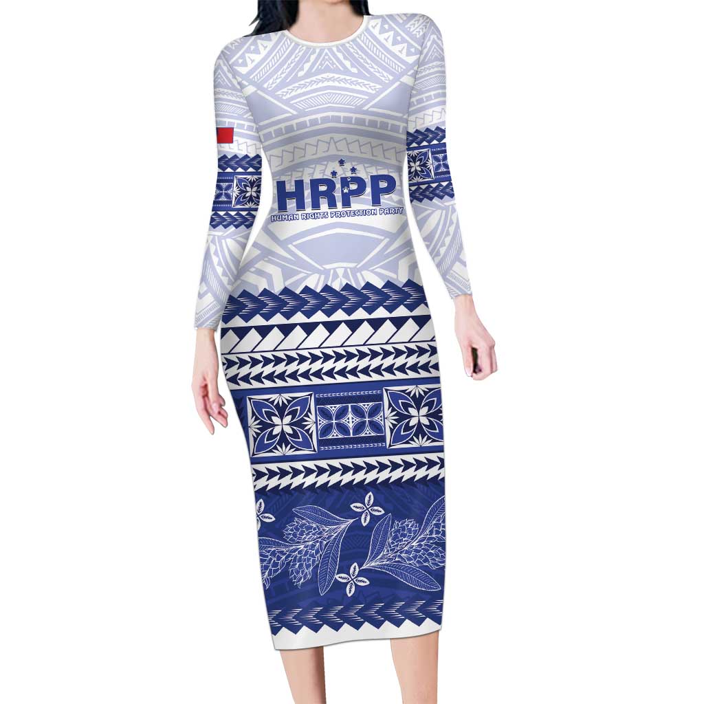 Personalised HRPP Samoa Siapo Long Sleeve Bodycon Dress Teuila Flowers Samoan Pattern LT14 Long Dress White - Polynesian Pride