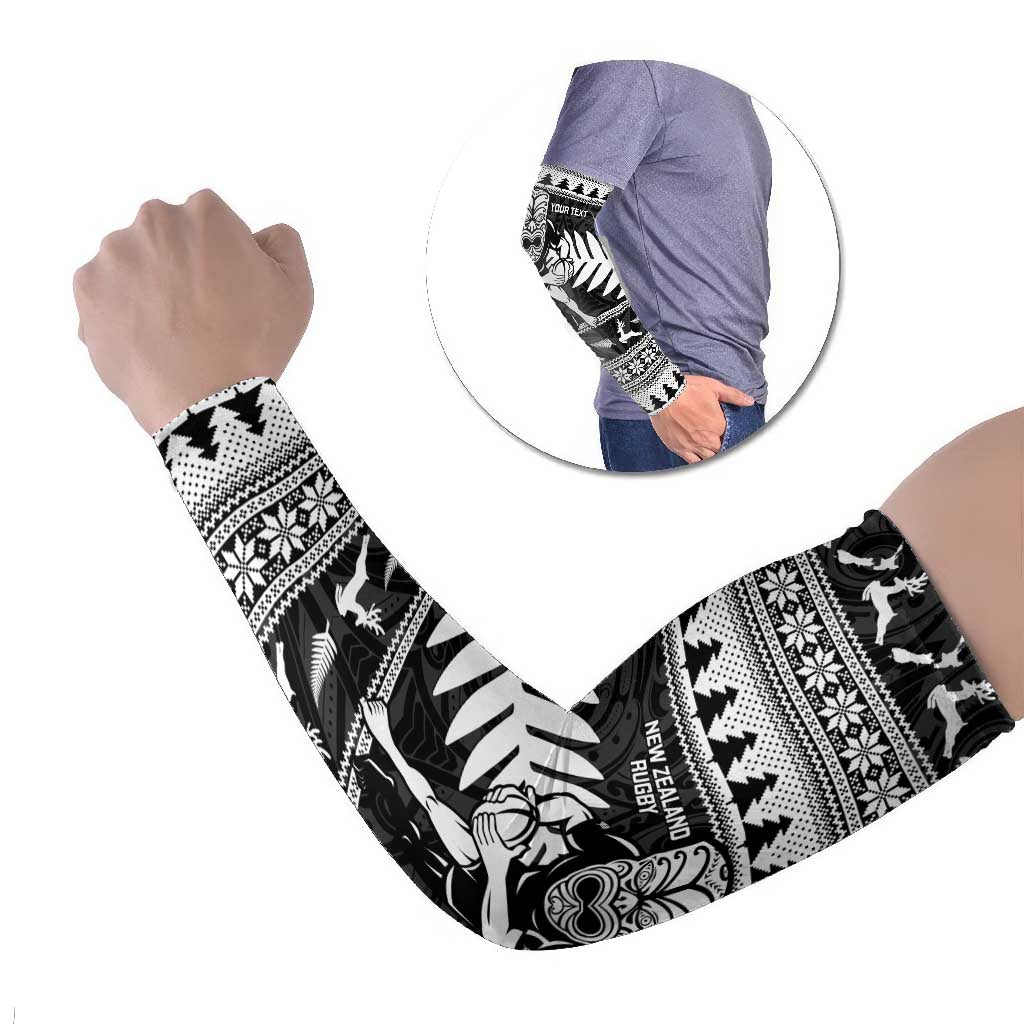 New Zealand Christmas Rugby Personalised Arm Sleeves Meri Kirihimete All Black Maori LT14 Set of 2 Black - Polynesian Pride