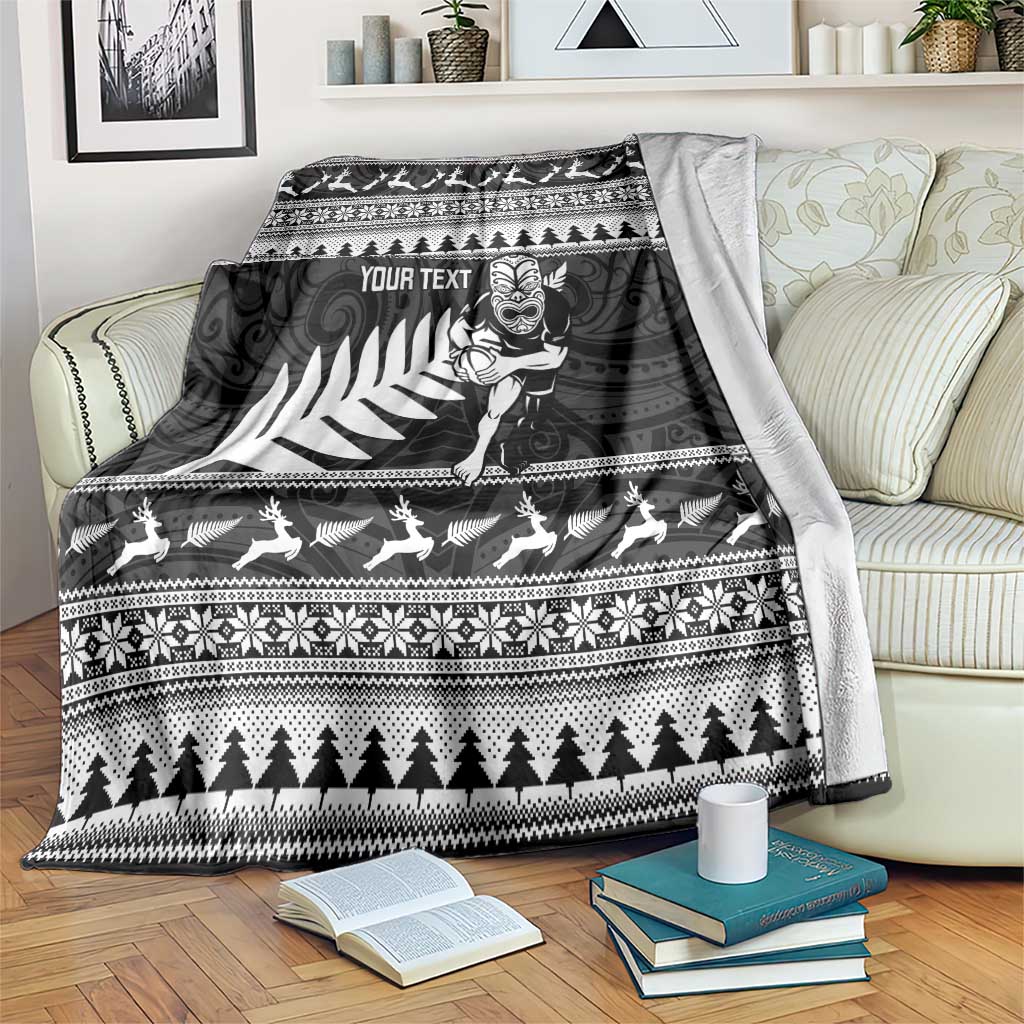 New Zealand Christmas Rugby Personalised Blanket Meri Kirihimete All Black Maori LT14 Black - Polynesian Pride