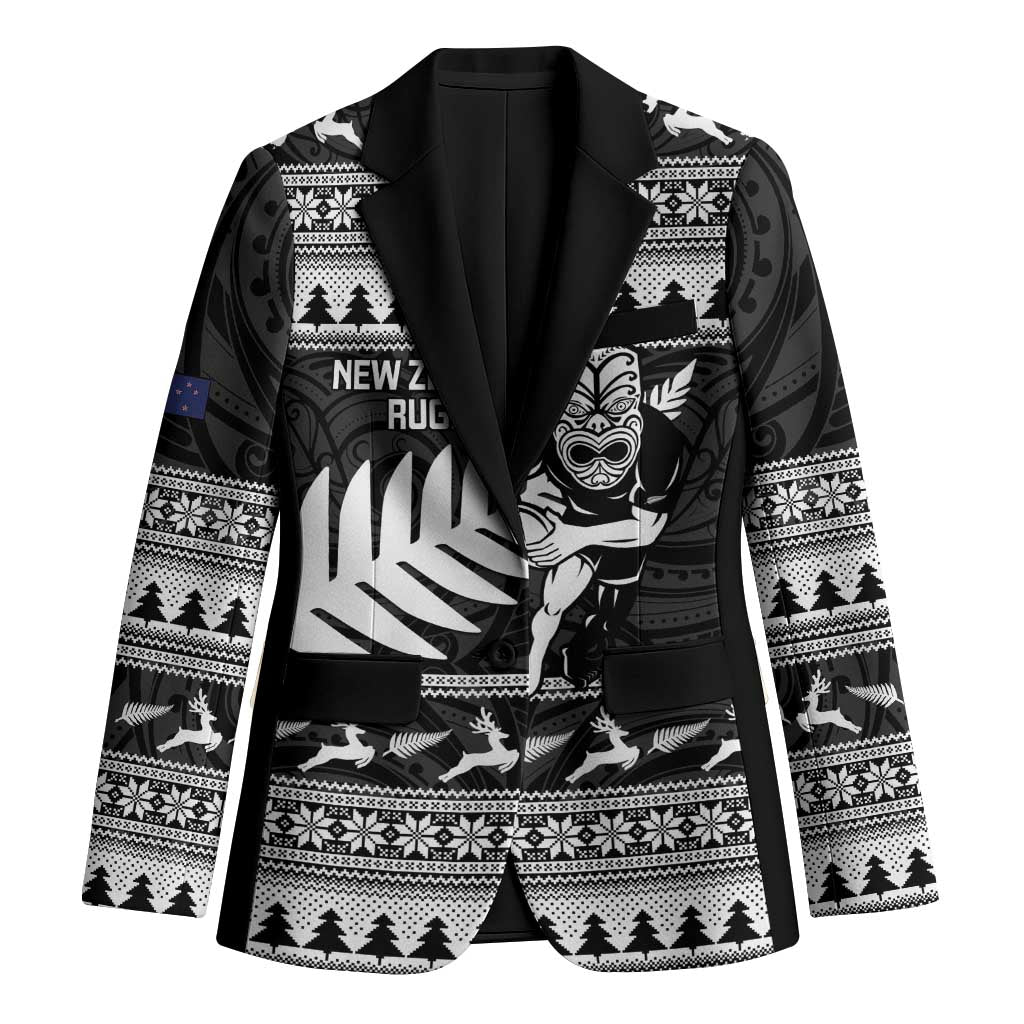 New Zealand Christmas Rugby Personalised Blazer Meri Kirihimete All Black Maori LT14 Unisex Black - Polynesian Pride