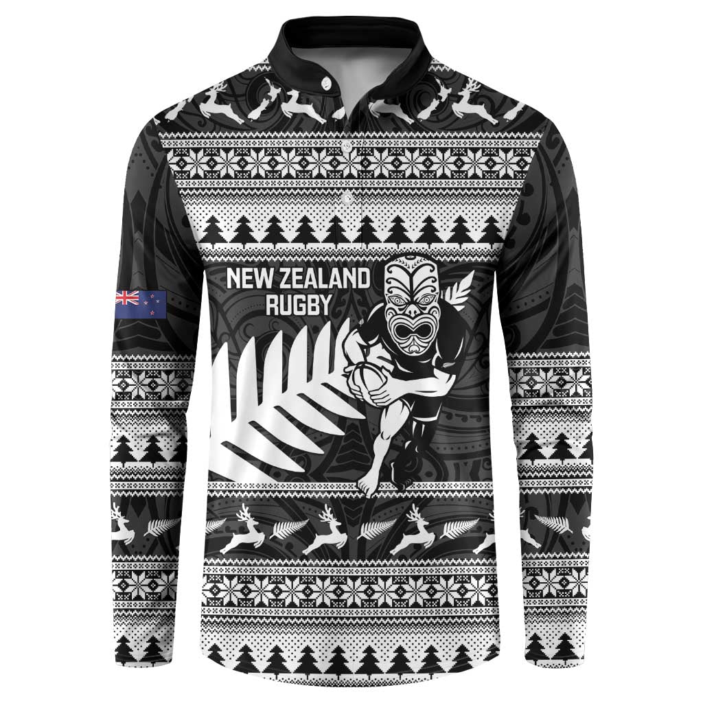 New Zealand Christmas Rugby Personalised Button Sweatshirt Meri Kirihimete All Black Maori LT14 Black - Polynesian Pride