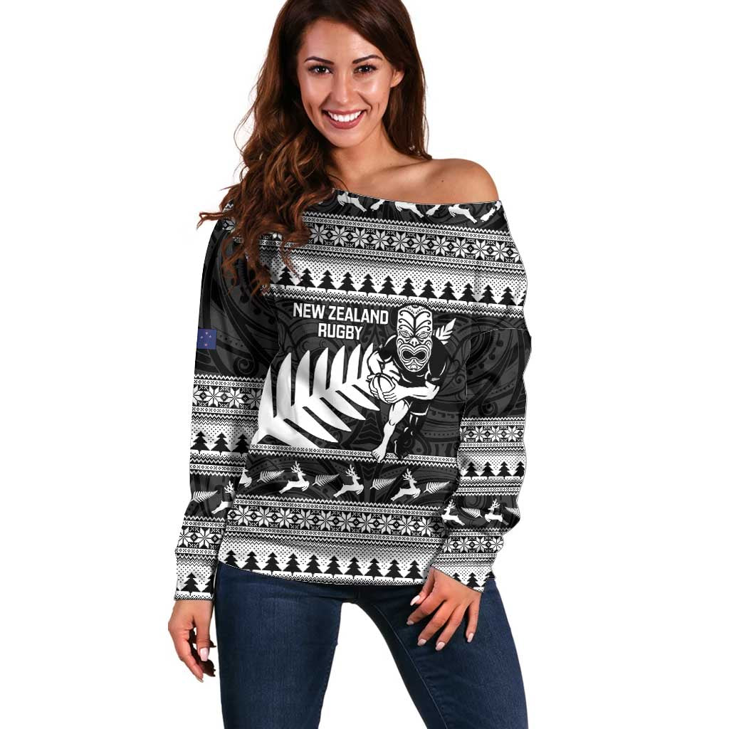 New Zealand Christmas Rugby Personalised Off Shoulder Sweater Meri Kirihimete All Black Maori LT14 Women Black - Polynesian Pride