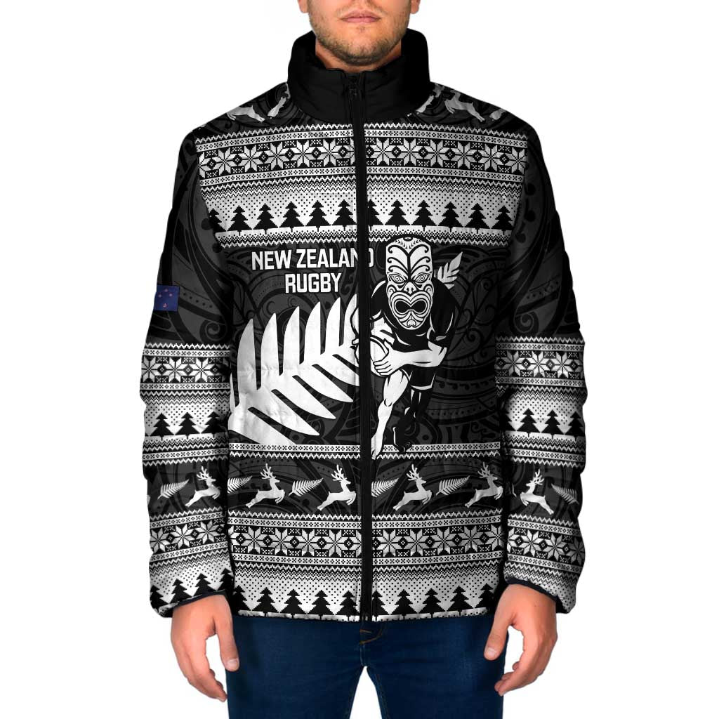 New Zealand Christmas Rugby Personalised Padded Jacket Meri Kirihimete All Black Maori LT14 Men Black - Polynesian Pride