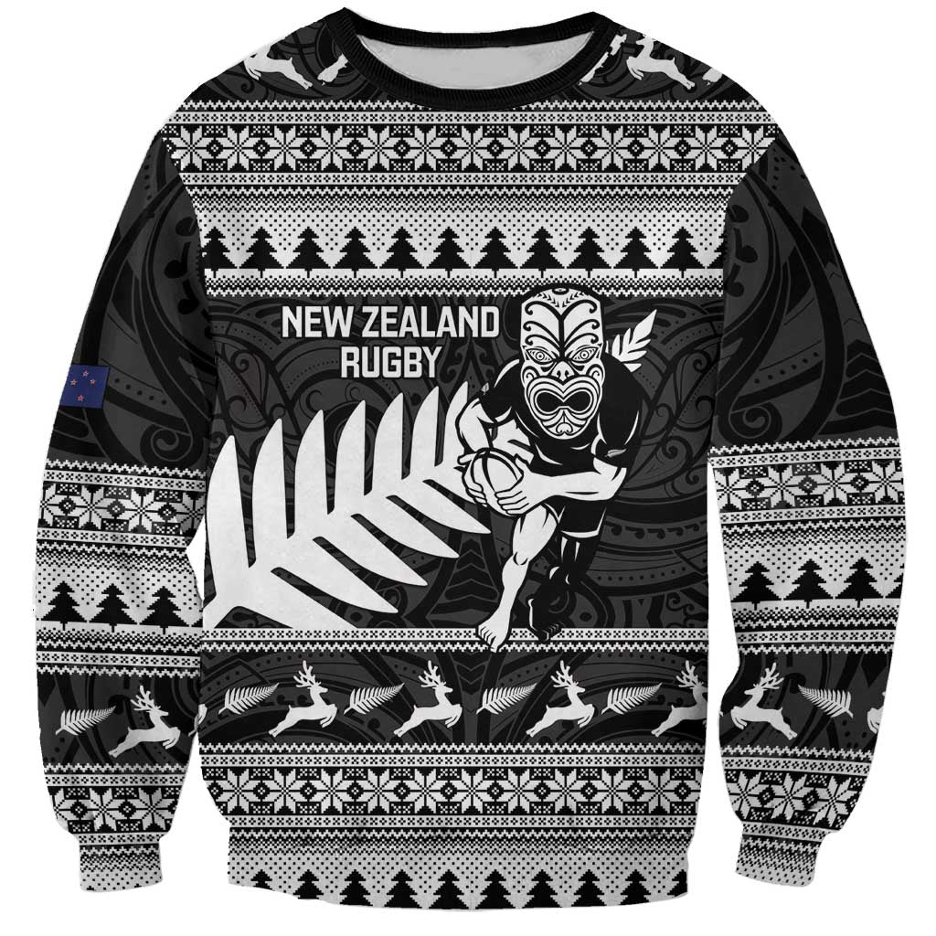 New Zealand Christmas Rugby Personalised Sweatshirt Meri Kirihimete All Black Maori LT14 Unisex Black - Polynesian Pride