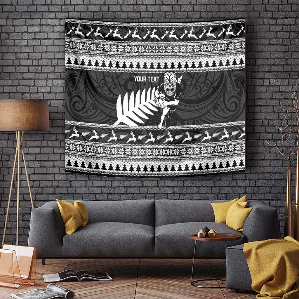 New Zealand Christmas Rugby Personalised Tapestry Meri Kirihimete All Black Maori LT14 Black - Polynesian Pride
