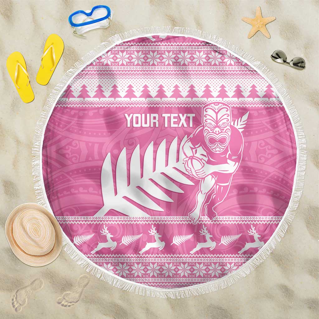 New Zealand Christmas Rugby Personalised Beach Blanket Meri Kirihimete All Black Maori Pink Version LT14 One Size 150cm Pink - Polynesian Pride