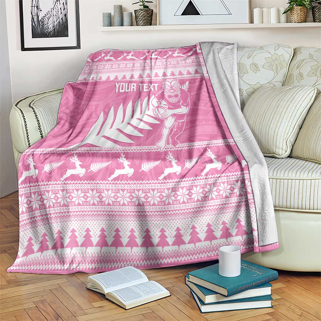 New Zealand Christmas Rugby Personalised Blanket Meri Kirihimete All Black Maori Pink Version LT14 Pink - Polynesian Pride