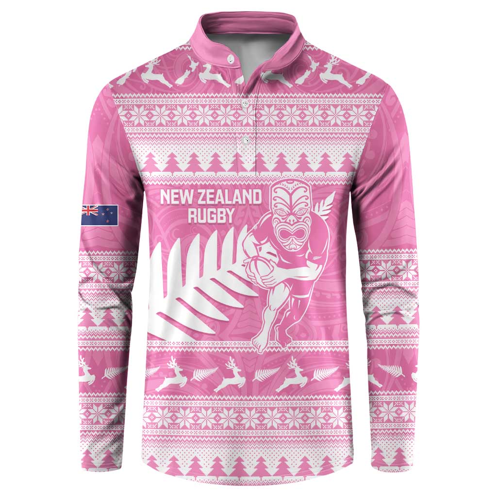 New Zealand Christmas Rugby Personalised Button Sweatshirt Meri Kirihimete All Black Maori Pink Version LT14 Pink - Polynesian Pride