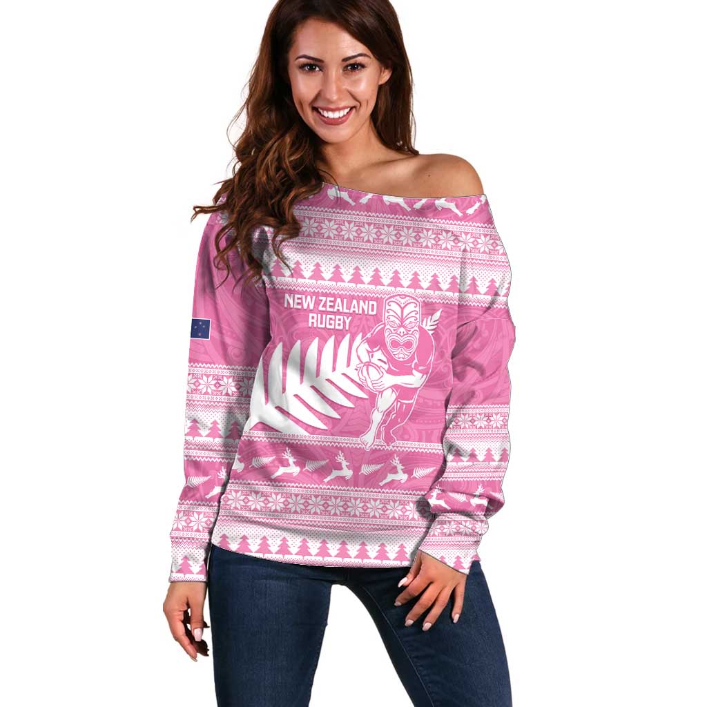 New Zealand Christmas Rugby Personalised Off Shoulder Sweater Meri Kirihimete All Black Maori Pink Version LT14 Women Pink - Polynesian Pride