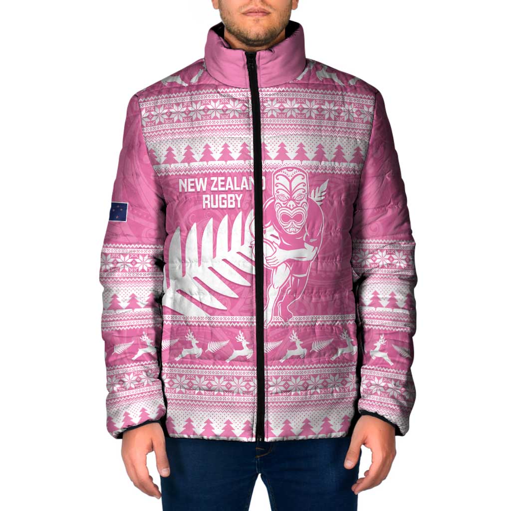 New Zealand Christmas Rugby Personalised Padded Jacket Meri Kirihimete All Black Maori Pink Version LT14 Men Pink - Polynesian Pride