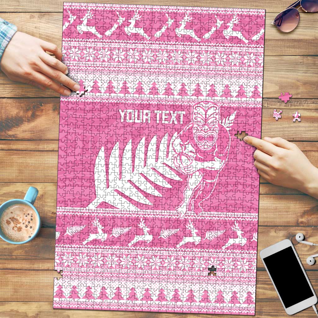New Zealand Christmas Rugby Personalised Puzzle Meri Kirihimete All Black Maori Pink Version LT14 Pink - Polynesian Pride