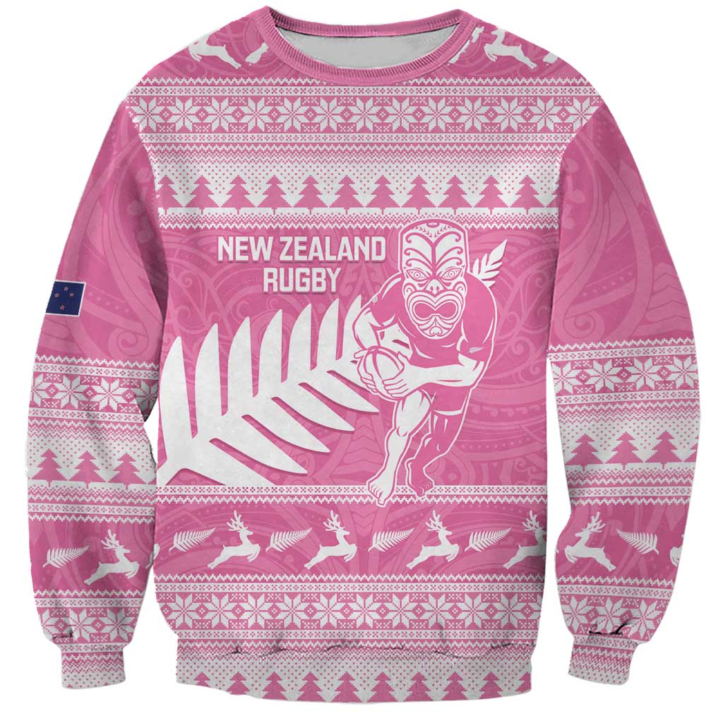 New Zealand Christmas Rugby Personalised Sweatshirt Meri Kirihimete All Black Maori Pink Version LT14 Unisex Pink - Polynesian Pride