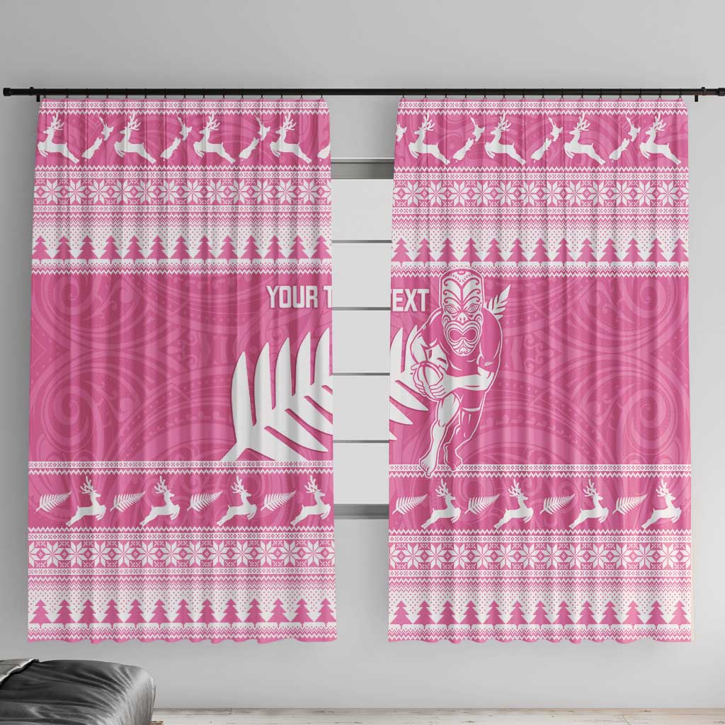 New Zealand Christmas Rugby Personalised Window Curtain Meri Kirihimete All Black Maori Pink Version LT14 With Hooks Pink - Polynesian Pride