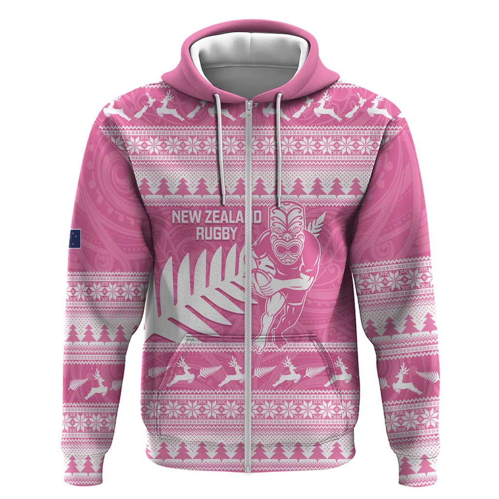 New Zealand Christmas Rugby Personalised Zip Hoodie Meri Kirihimete All Black Maori Pink Version LT14 Zip Hoodie Pink - Polynesian Pride