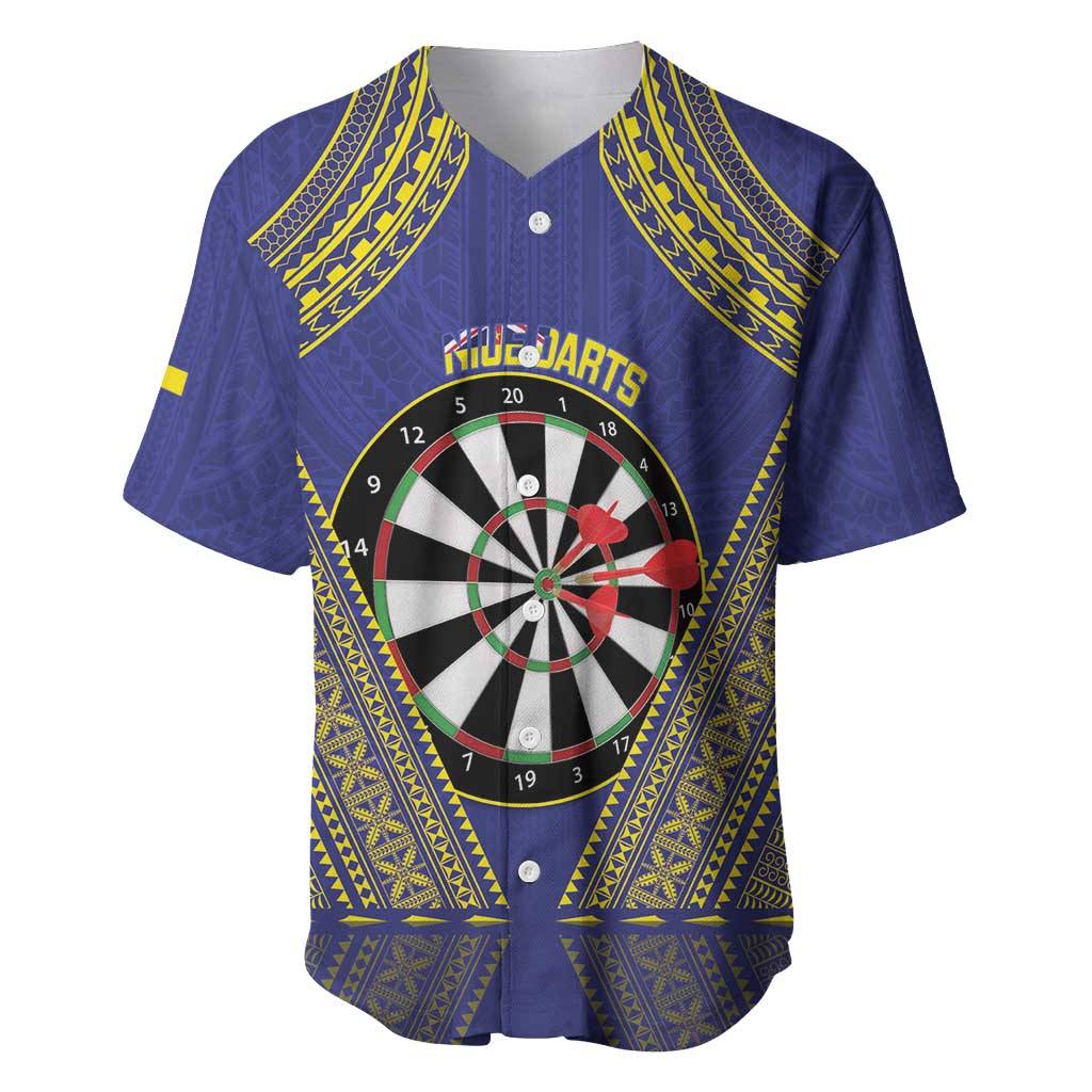 Personalised Niue Darts Baseball Jersey Dart Board Hiapo Pattern LT14 Blue - Polynesian Pride