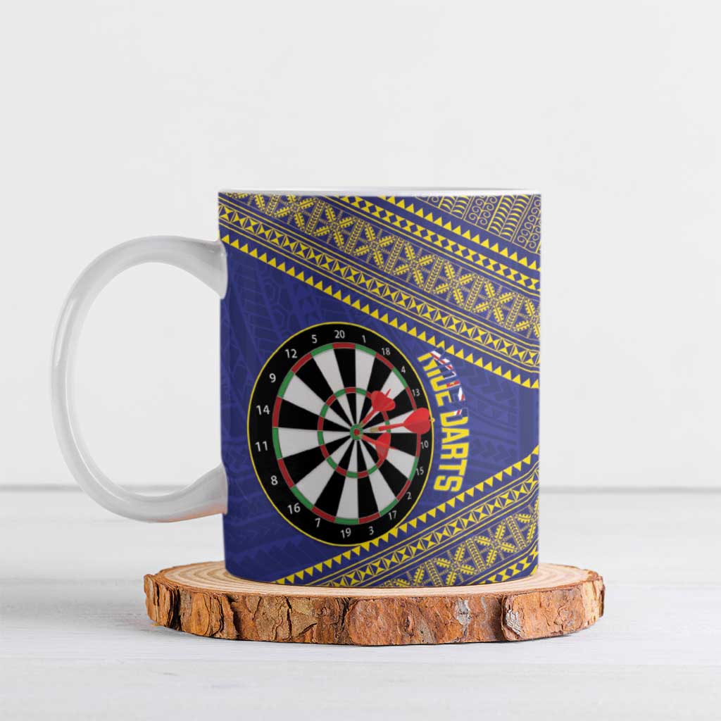 Personalised Niue Darts Ceramic Mug Dart Board Hiapo Pattern LT14 Blue - Polynesian Pride