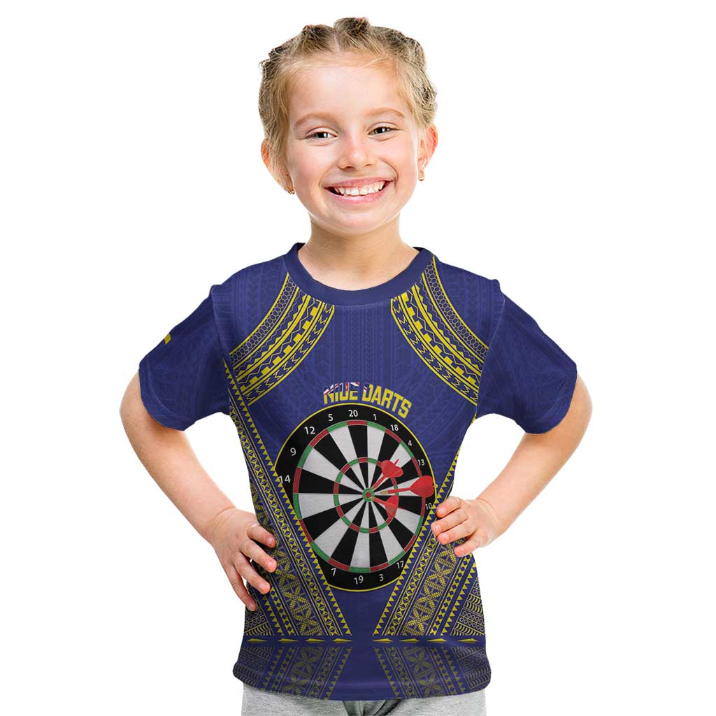 Personalised Niue Darts Kid T Shirt Dart Board Hiapo Pattern LT14 Blue - Polynesian Pride