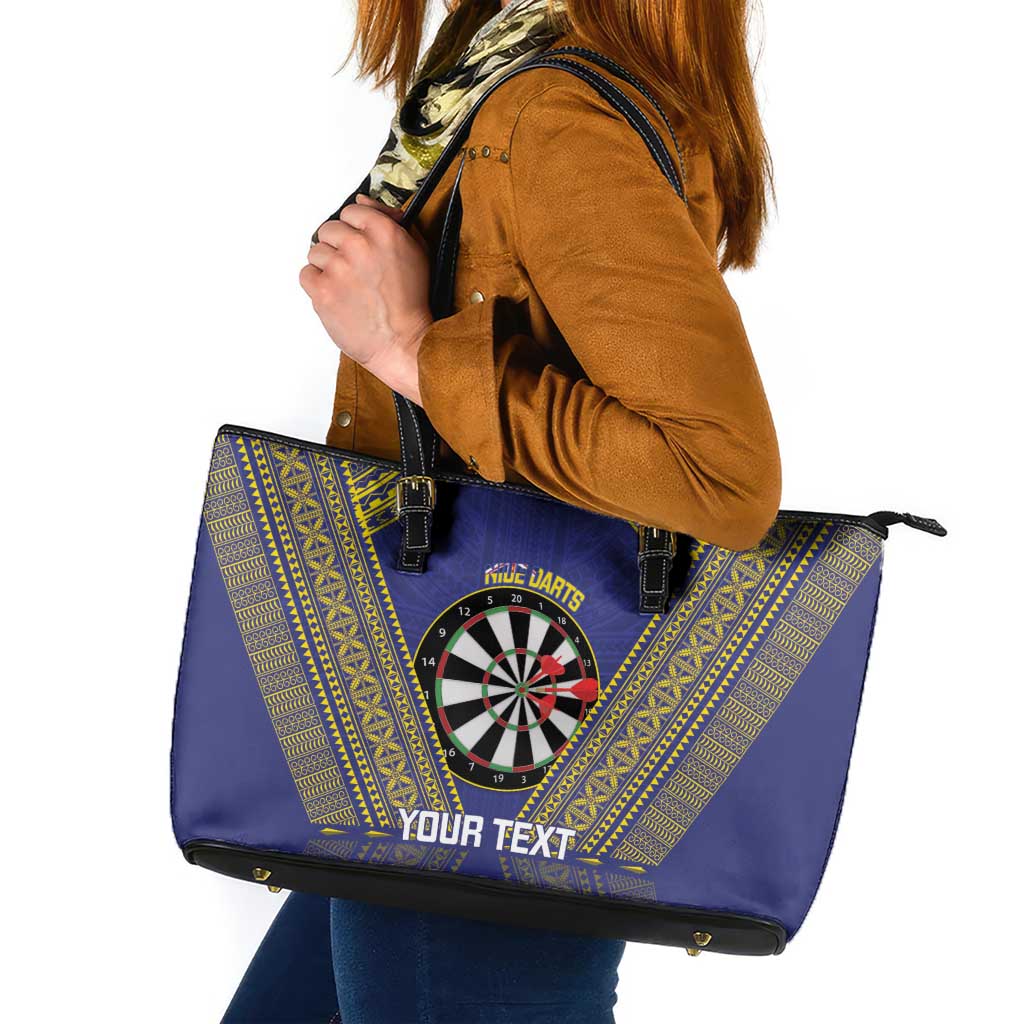 Personalised Niue Darts Leather Tote Bag Dart Board Hiapo Pattern LT14 Blue - Polynesian Pride
