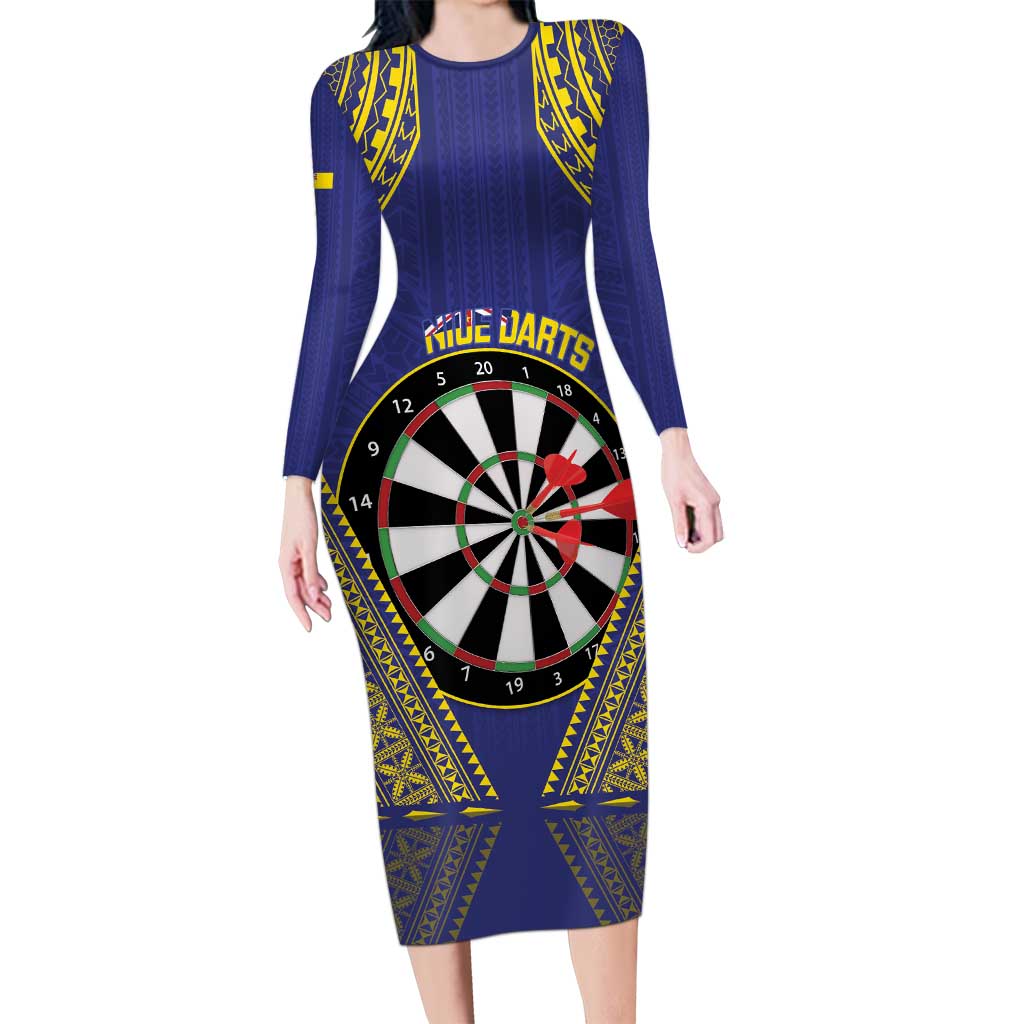 Personalised Niue Darts Long Sleeve Bodycon Dress Dart Board Hiapo Pattern LT14 Long Dress Blue - Polynesian Pride