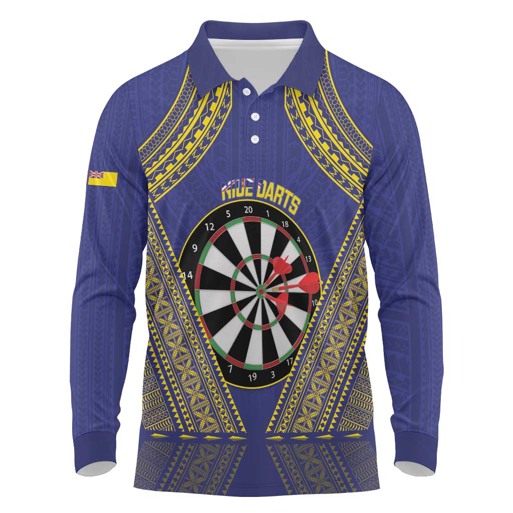 Personalised Niue Darts Long Sleeve Polo Shirt Dart Board Hiapo Pattern LT14 Blue - Polynesian Pride