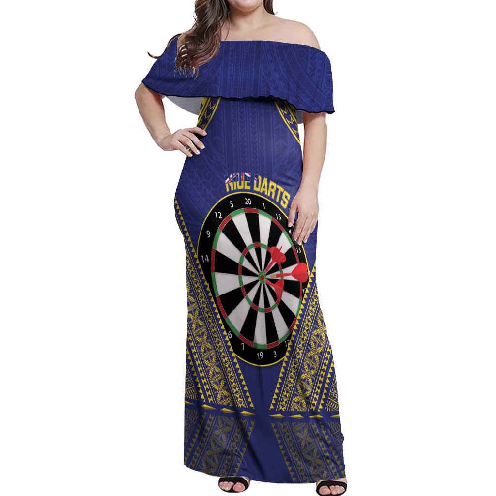 Personalised Niue Darts Off Shoulder Maxi Dress Dart Board Hiapo Pattern LT14 Women Blue - Polynesian Pride