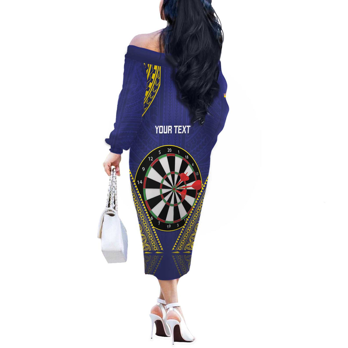 Personalised Niue Darts Off The Shoulder Long Sleeve Dress Dart Board Hiapo Pattern LT14 - Polynesian Pride