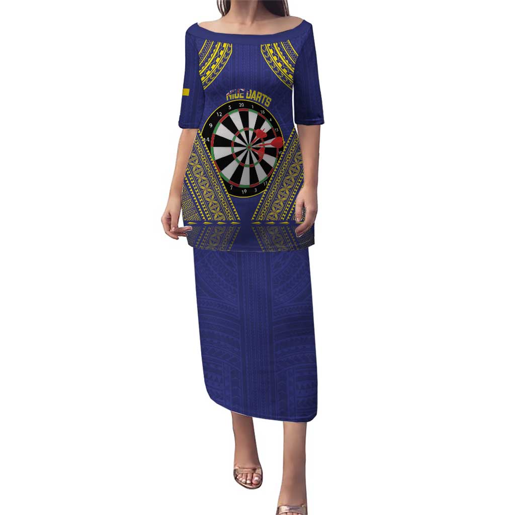 Personalised Niue Darts Puletasi Dart Board Hiapo Pattern LT14 Long Dress Blue - Polynesian Pride