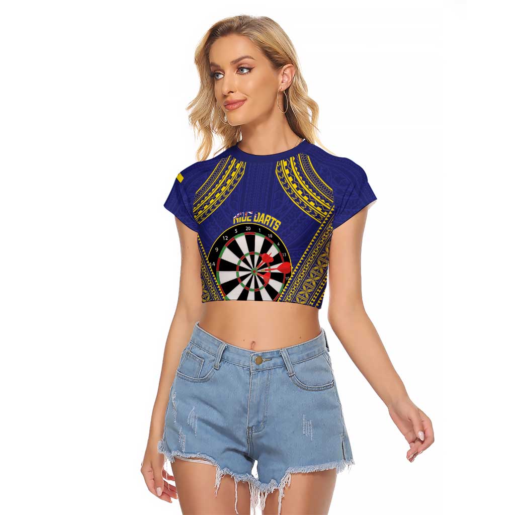 Personalised Niue Darts Raglan Cropped T Shirt Dart Board Hiapo Pattern LT14 Female Blue - Polynesian Pride
