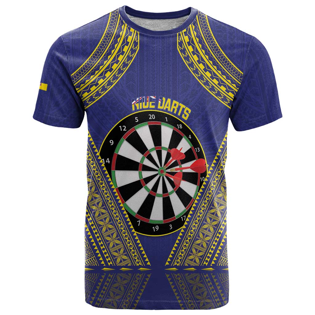 Personalised Niue Darts T Shirt Dart Board Hiapo Pattern LT14 Blue - Polynesian Pride