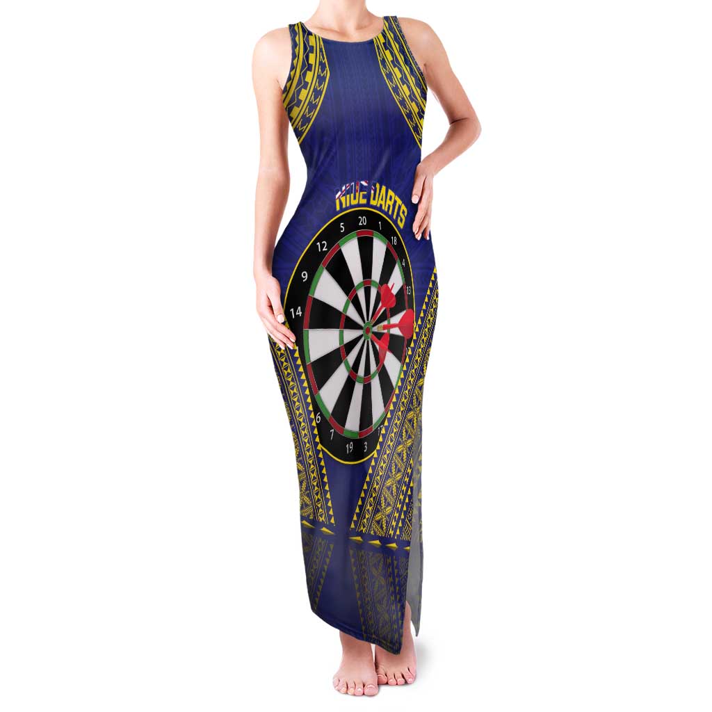 Personalised Niue Darts Tank Maxi Dress Dart Board Hiapo Pattern LT14 Women Blue - Polynesian Pride