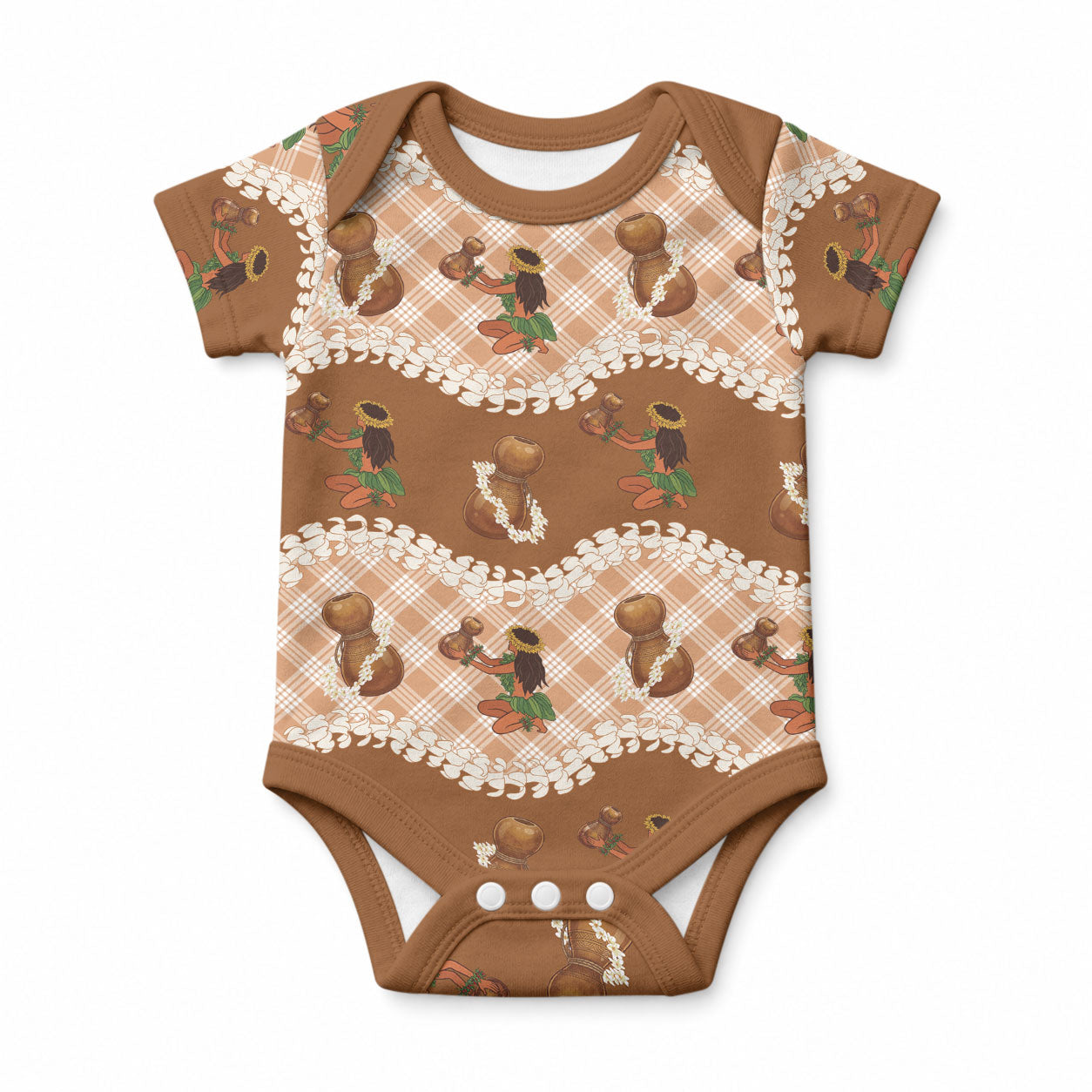 Ipu Heke Hawaii Makahiki Baby Onesie Hawaiian Puakenikeni Lei Hula Girl Palaka Motifs LT14 Brown - Polynesian Pride