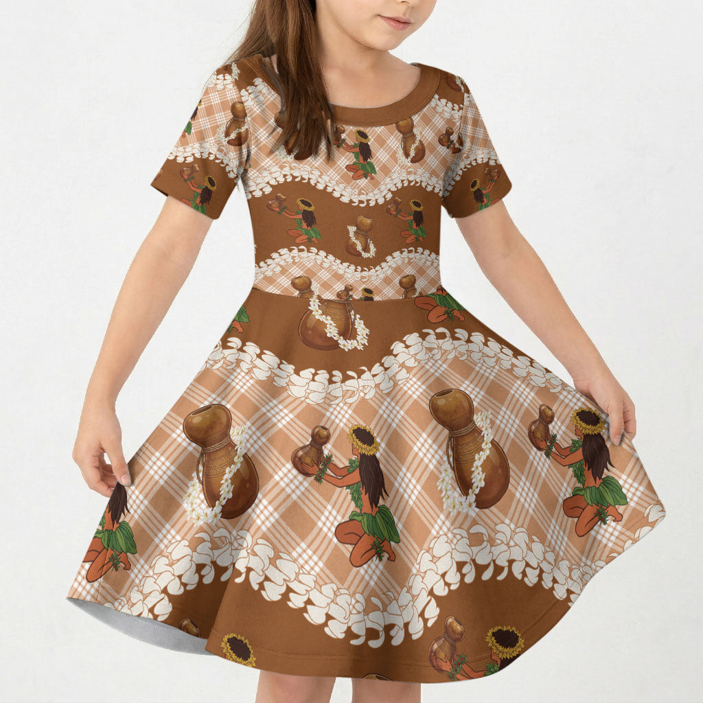 Ipu Heke Hawaii Makahiki Kid Short Sleeve Dress Hawaiian Puakenikeni Lei Hula Girl Palaka Motifs LT14 KID Brown - Polynesian Pride
