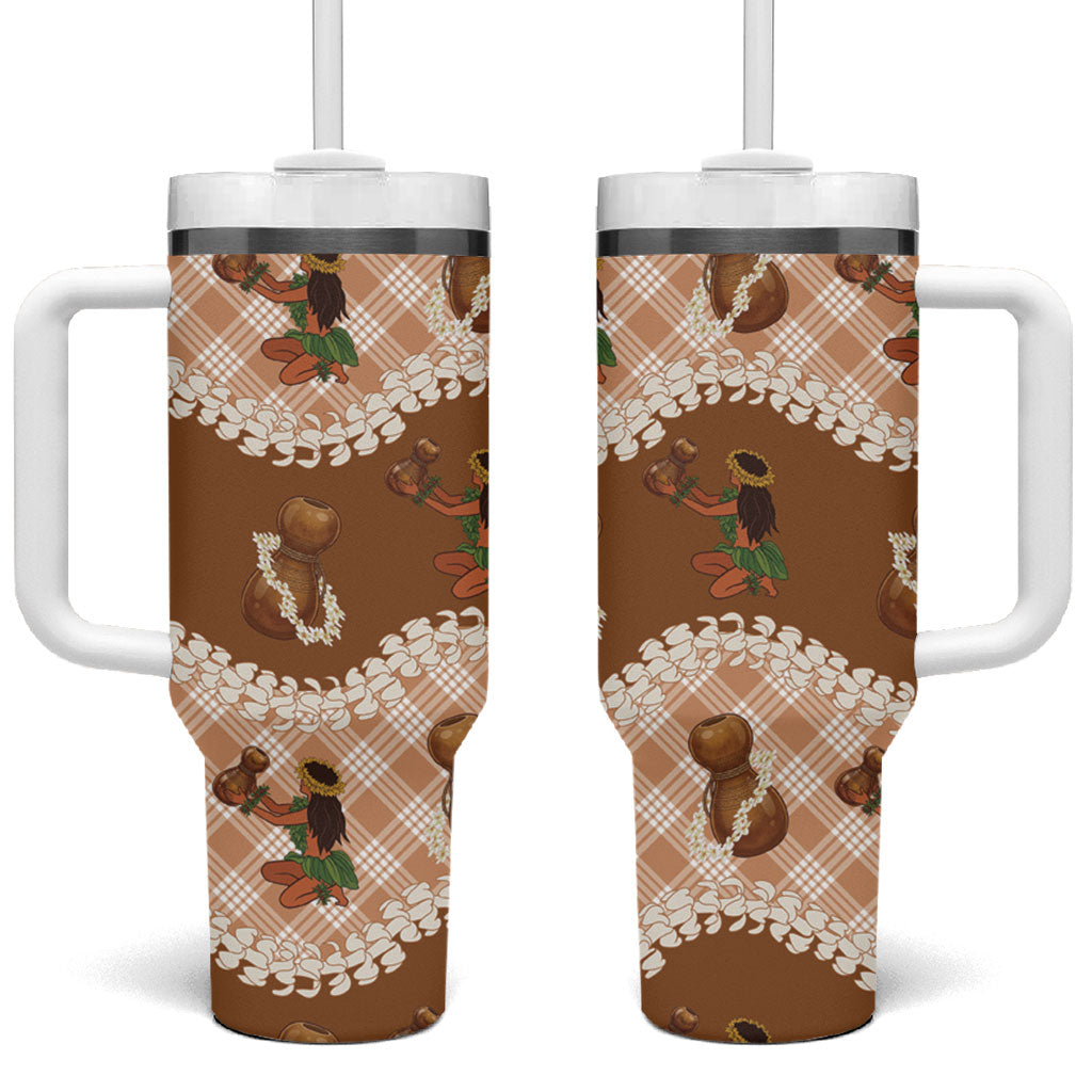 Ipu Heke Hawaii Makahiki Tumbler With Handle Hawaiian Puakenikeni Lei Hula Girl Palaka Motifs LT14 One Size: 40 oz Brown - Polynesian Pride
