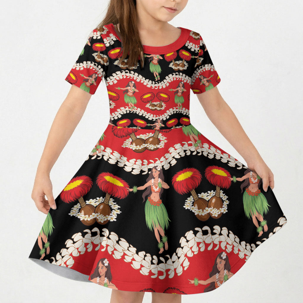 Uliuli Hawaii Makahiki Kid Short Sleeve Dress Hawaiian Puakenikeni Lei Hula Girl Red Version LT14 KID Red - Polynesian Pride