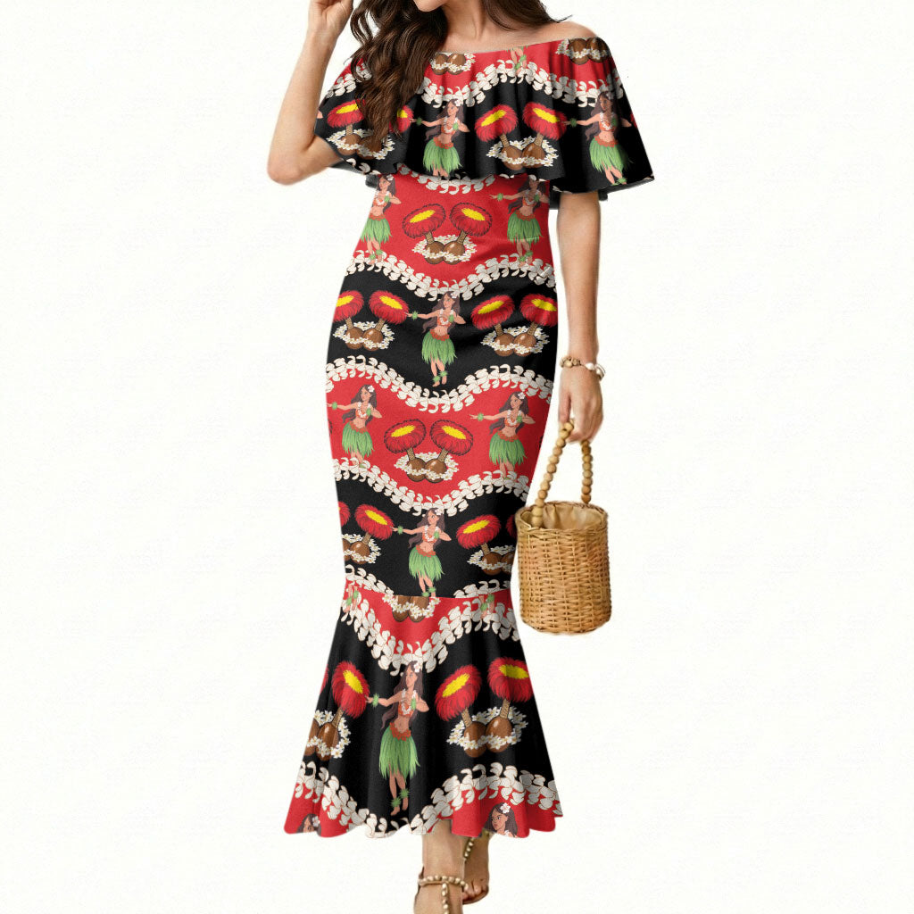 Uliuli Hawaii Makahiki Mermaid Dress Hawaiian Puakenikeni Lei Hula Girl Red Version LT14 Women Red - Polynesian Pride
