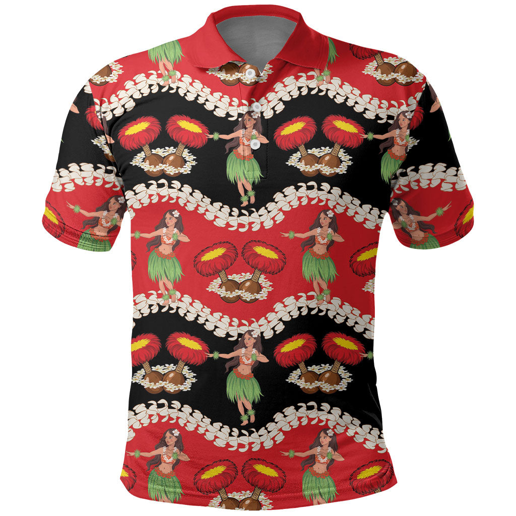 Uliuli Hawaii Makahiki Polo Shirt Hawaiian Puakenikeni Lei Hula Girl Red Version LT14 Red - Polynesian Pride