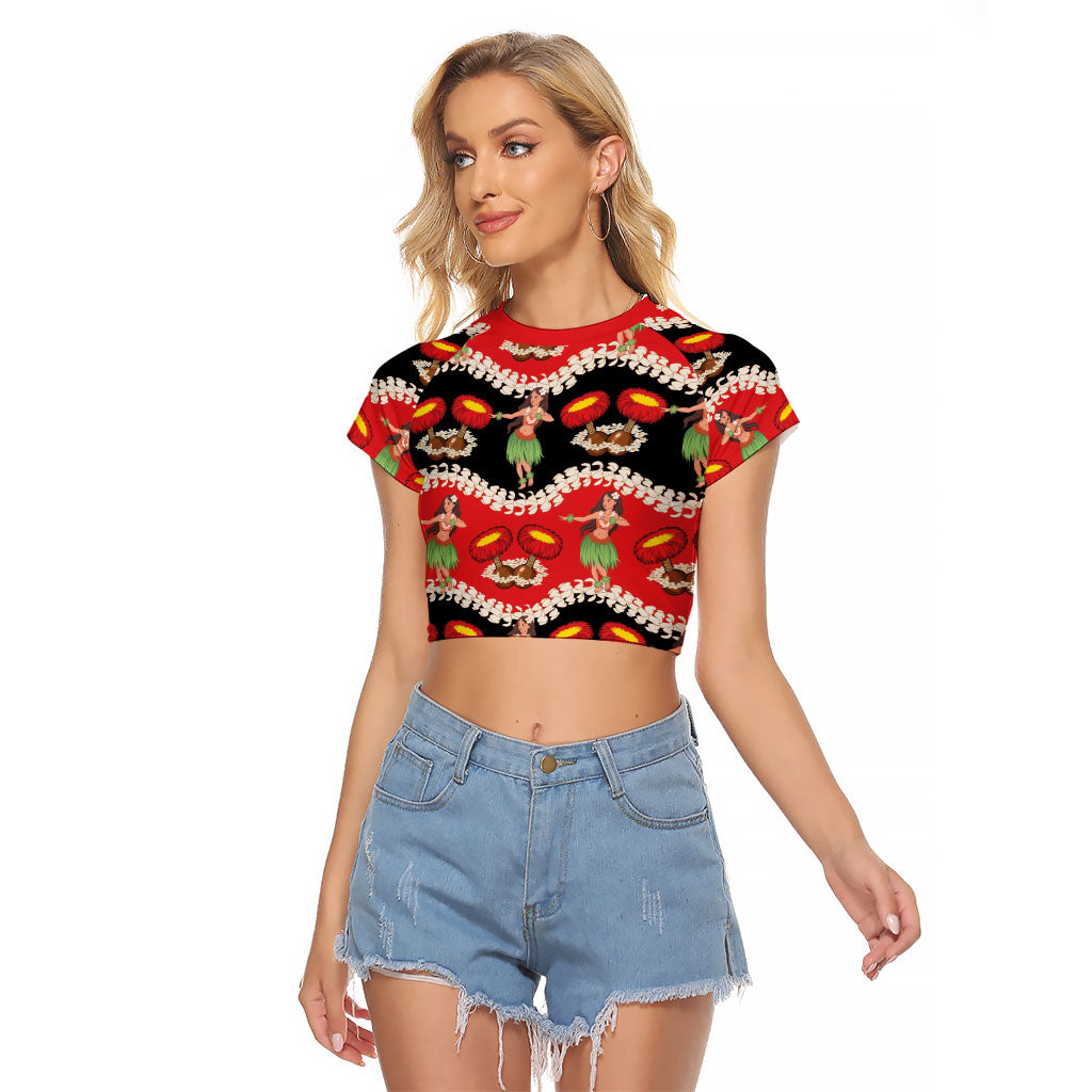 Uliuli Hawaii Makahiki Raglan Cropped T Shirt Hawaiian Puakenikeni Lei Hula Girl Red Version LT14 Female Red - Polynesian Pride