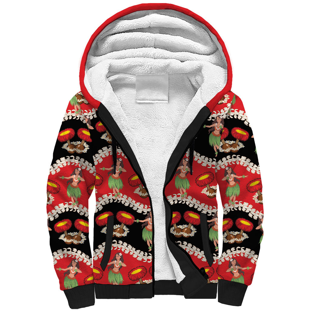 Uliuli Hawaii Makahiki Sherpa Hoodie Hawaiian Puakenikeni Lei Hula Girl Red Version