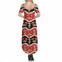 Uliuli Hawaii Makahiki Summer Maxi Dress Hawaiian Puakenikeni Lei Hula Girl Red Version LT14 - Polynesian Pride