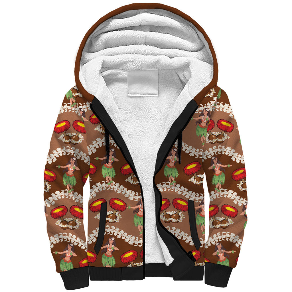 Uliuli Hawaii Makahiki Sherpa Hoodie Hawaiian Puakenikeni Lei Hula Girl Brown Version