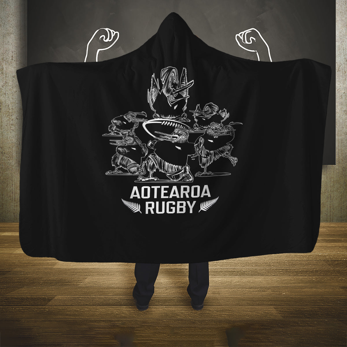 New Zealand Silver Fern Rugby Hooded Blanket Haka Aotearoa Kiwi Dance LT14 One Size Black - Polynesian Pride