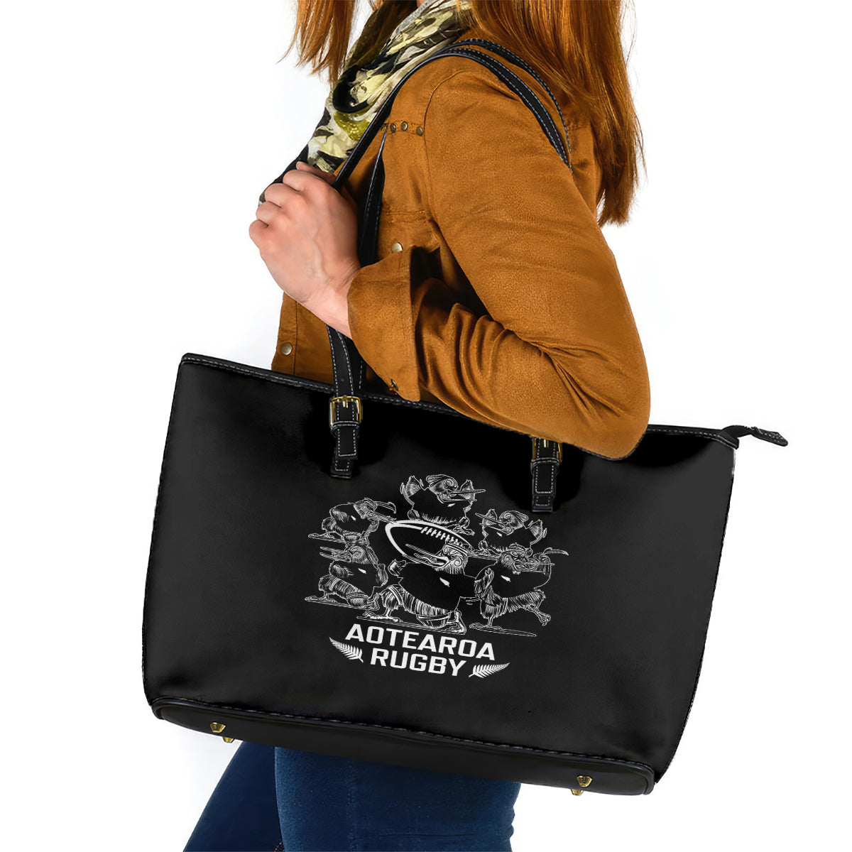 New Zealand Silver Fern Rugby Leather Tote Bag Haka Aotearoa Kiwi Dance LT14 Black - Polynesian Pride