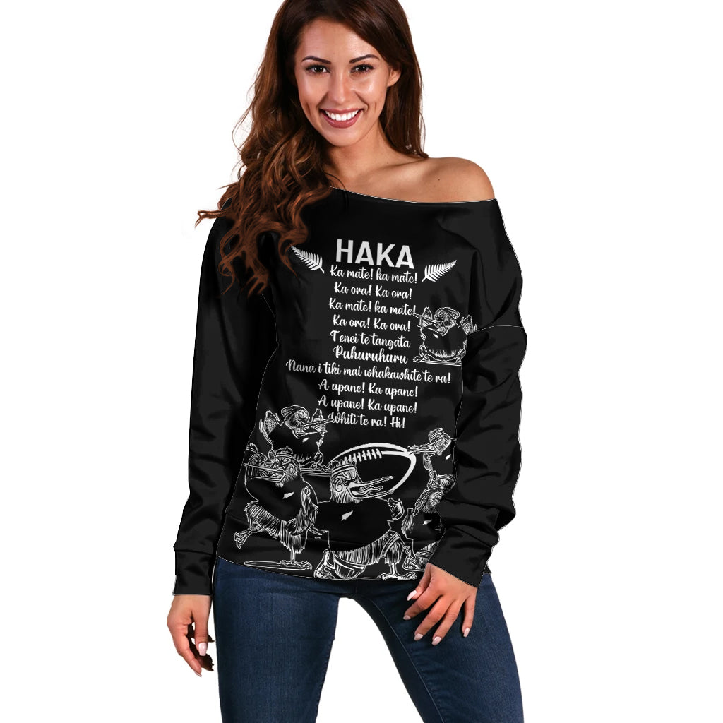 New Zealand Silver Fern Rugby Off Shoulder Sweater Haka Aotearoa Kiwi Dance LT14 Women Black - Polynesian Pride