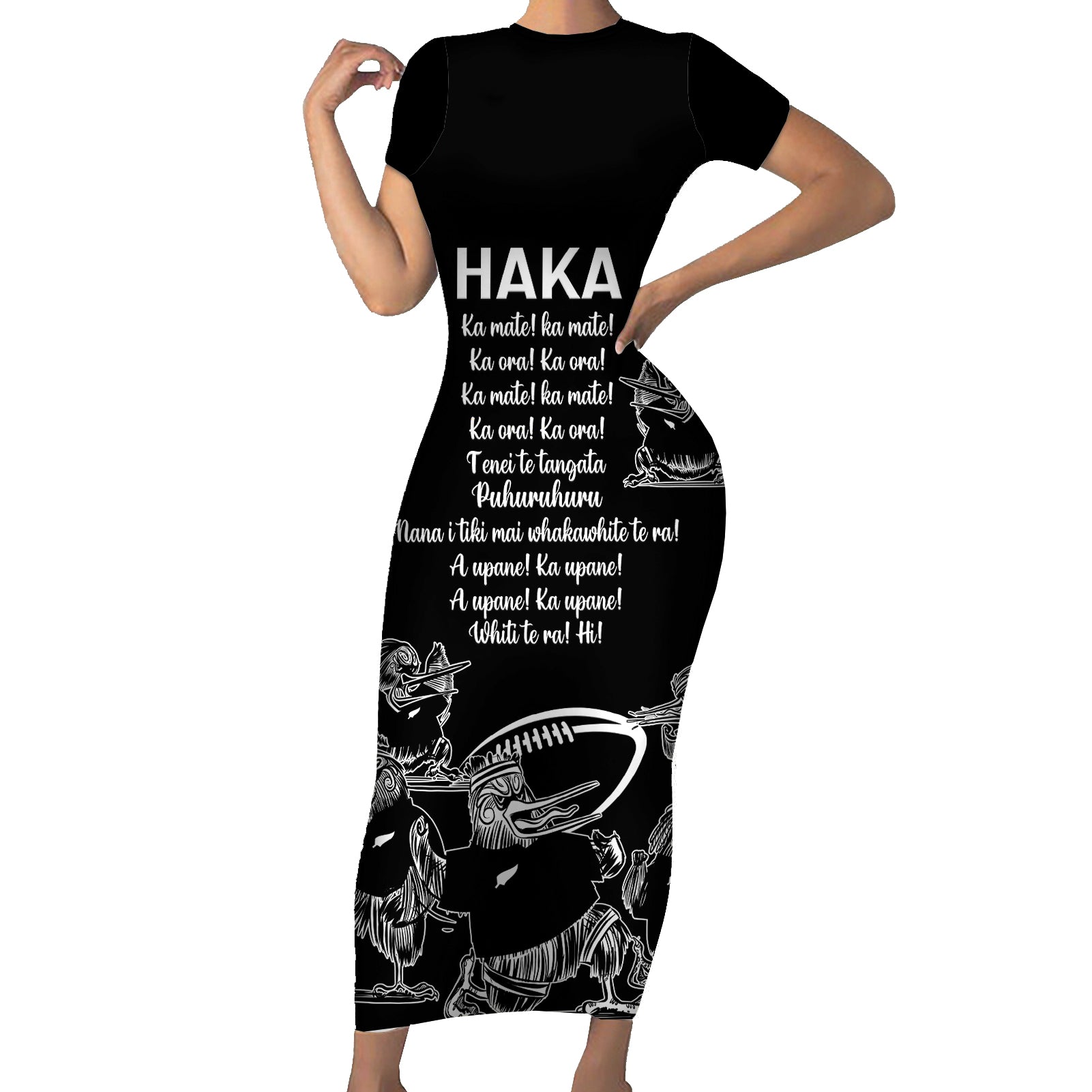 New Zealand Silver Fern Rugby Short Sleeve Bodycon Dress Haka Aotearoa Kiwi Dance LT14 Long Dress Black - Polynesian Pride