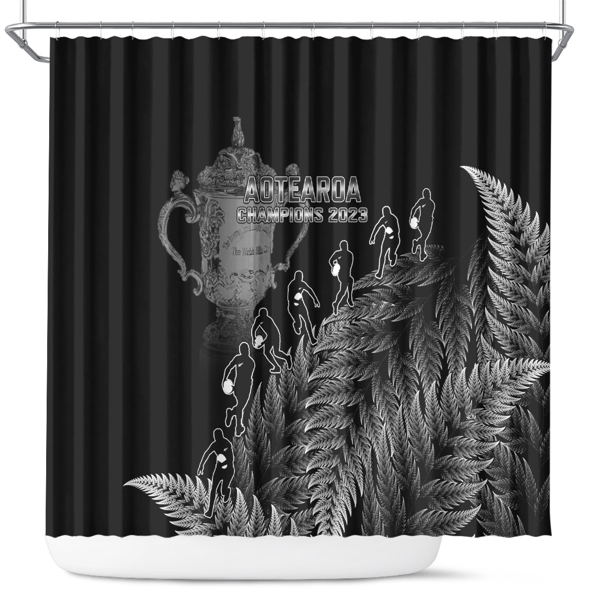 Custom New Zealand Silver Fern Rugby Shower Curtain All Black Go Champions 2023 With Trophy Proud LT14 Black - Polynesian Pride