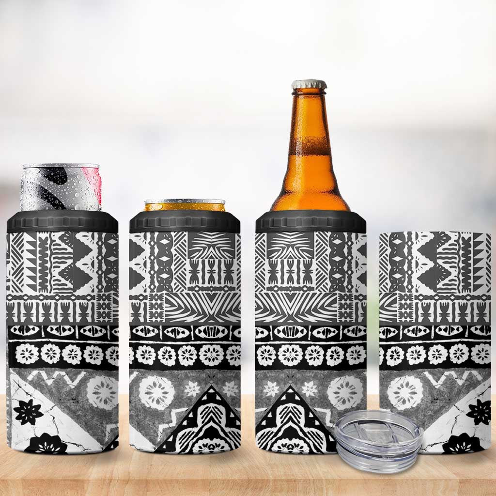 Black Bula Fiji 4 in 1 Can Cooler Tumbler Unique Masi Tapa Pattern LT14 - Polynesian Pride
