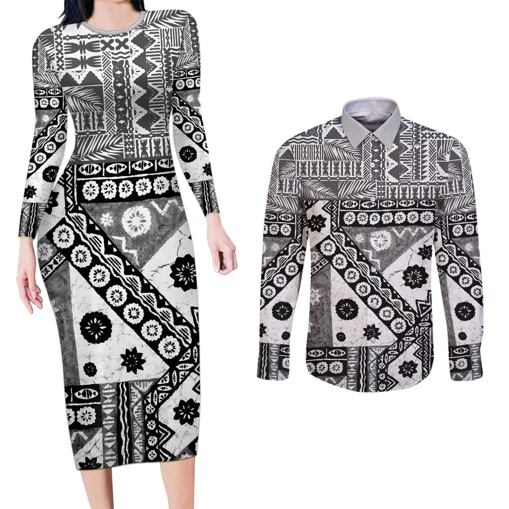 Black Bula Fiji Couples Matching Long Sleeve Bodycon Dress and Long Sleeve Button Shirt Unique Masi Tapa Pattern